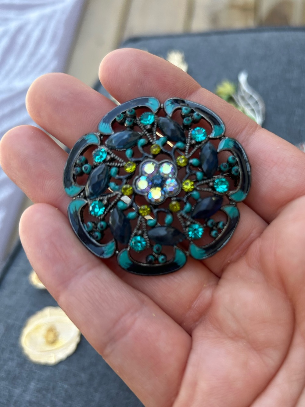 Teal and Black Floral Crystal Brooch - Unbranded
